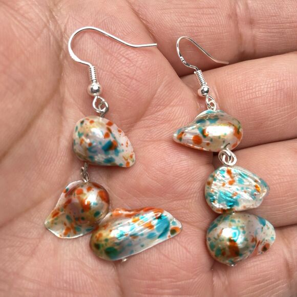 Artisan Confetti Blue Orange Baroque Pearl Beaded Dangle Earrings Silver Plated - Picture 3 of 6